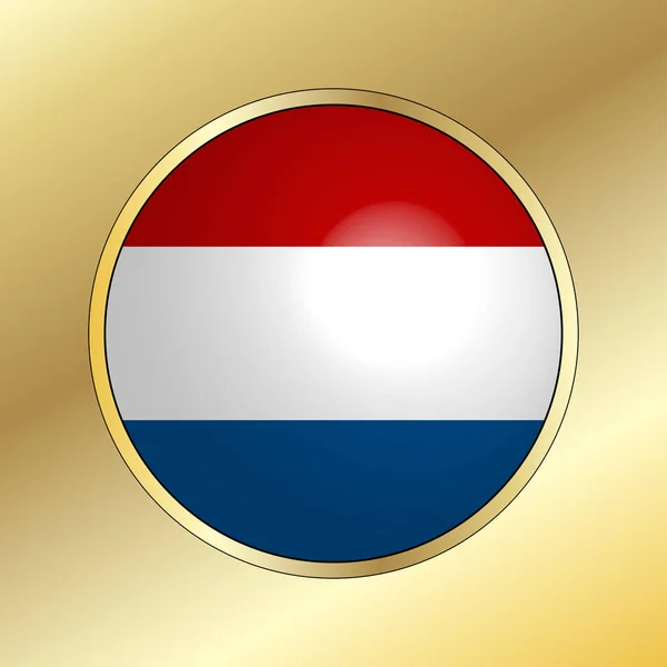 Kerek Gomb Fémvázas Arany Fény Visszaverése Holland Nemzeti Zászló Ikonra — Stock Vector