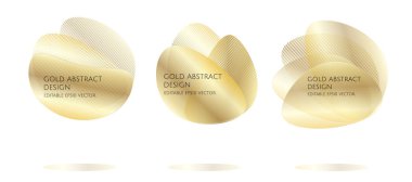 Afiş kümesi: altın degrade renkli şekiller, soyut modern sıvı geometrik öğeleri şablonu. Vektör eps10 çizim.