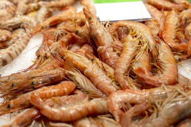 Buzda büyük taze doğal karidesler. Geleneksel birinci sınıf deniz ürünlerinin yakın çekim