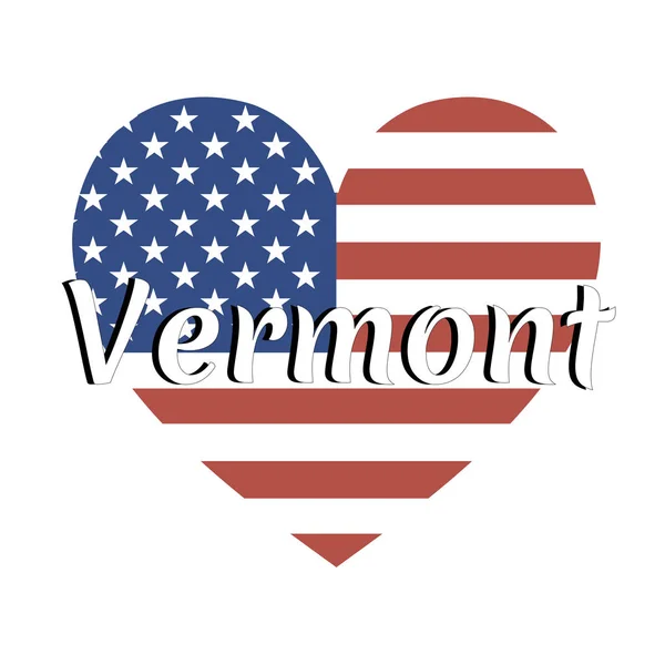 Heart shaped national flag of The United States of America with inscription of state name: Vermont in modern style. Vector EPS10 illustration. — Stock Vector