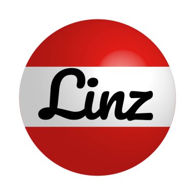 Yuvarlak düğme Şehir adı yazıtile Avusturya ulusal bayrağı Simgesi: Modern tarzda Linz ve ışık yansıması. Vektör Eps10 illüstrasyon.