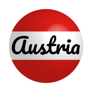 Yuvarlak düğme Modern tarzda ülke adı ve ışık yansıması yazıt ile Avusturya ulusal bayrağı Simgesi. Vektör Eps10 illüstrasyon.