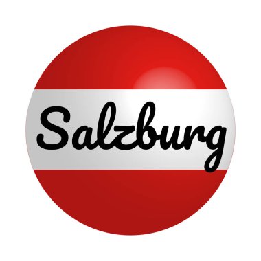 Yuvarlak düğme Şehir adı yazıtile Avusturya ulusal bayrağı Simgesi: Modern tarzda Salzburg ve ışık yansıması. Vektör Eps10 illüstrasyon.