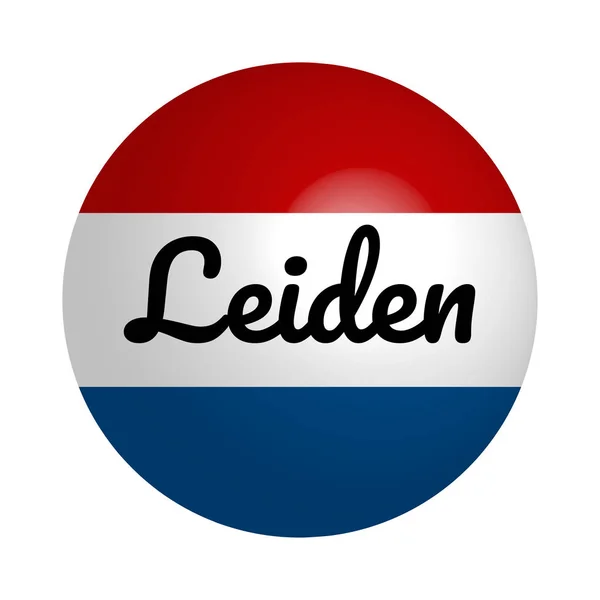 Ronde knop icoon van de nationale vlag van Nederland met inscriptie van de stad naam: leiden in moderne stijl en reflectie van licht. Vector Eps10 illustratie. — Stockvector