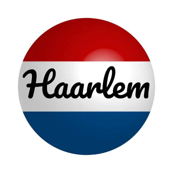 Ronde knop icoon van de nationale vlag van Nederland met inscriptie van de naam van de stad: Haarlem in moderne stijl en reflectie van licht. Vector Eps10 illustratie. — Stockvector