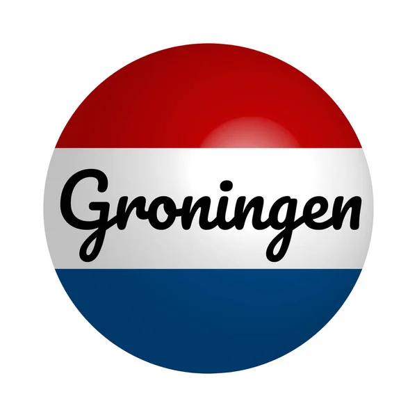 Ronde knop icoon van de nationale vlag van Nederland met inscriptie van de naam van de stad: Groningen in moderne stijl en reflectie van licht. Vector Eps10 illustratie. — Stockvector
