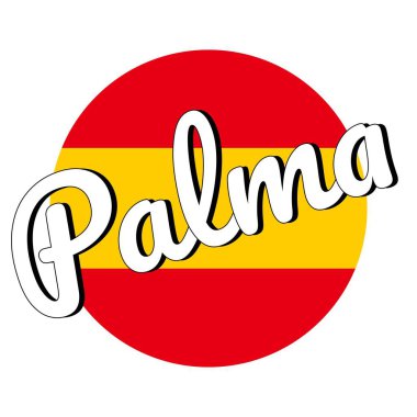 Yuvarlak düğme Kırmızı ve sarı renkler ve şehir adı yazıt ile İspanya ulusal bayrağı Simgesi: Palma modern tarzda. Vektör Eps10 illüstrasyon.