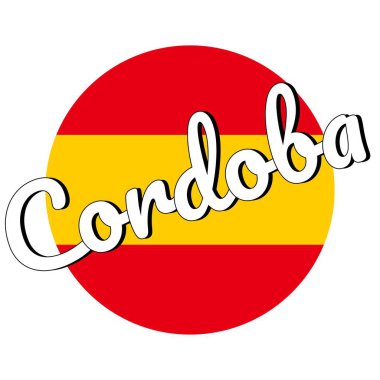 Yuvarlak düğme Kırmızı ve sarı renkler ve şehir adı yazıt ile İspanya ulusal bayrağı Simgesi: Modern tarzda Cordoba. Vektör Eps10 illüstrasyon.