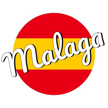 Yuvarlak düğme Kırmızı ve sarı renkler ve şehir adı yazıt ile İspanya ulusal bayrağı Simgesi: Modern tarzda Malaga. Vektör Eps10 illüstrasyon.