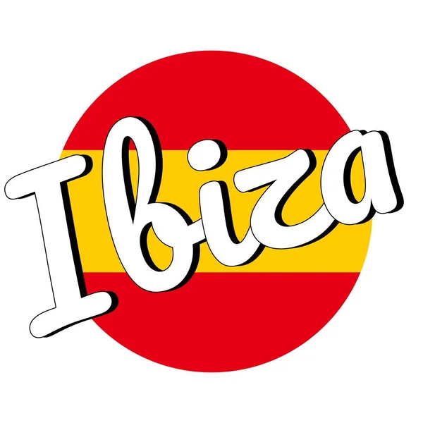 Botão redondo Ícone da bandeira nacional da Espanha com cores vermelhas e amarelas e inscrição do nome da cidade: Ibiza em estilo moderno. Ilustração do Vector EPS10 . —  Vetores de Stock