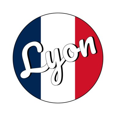 Yuvarlak düğme Kırmızı, beyaz ve mavi renkler ve şehir adı yazıt ile Fransa ulusal bayrağı Simgesi: Lyon modern tarzda. Vektör Eps10 illüstrasyon.