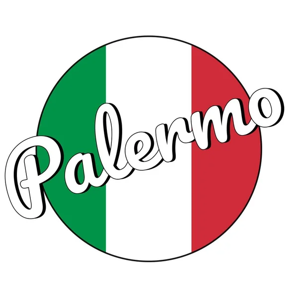 Yuvarlak düğme Kırmızı, beyaz ve yeşil renkler ve şehir adı yazıt ile İtalya ulusal bayrağı Simgesi: Modern tarzda Palermo. Vektör Eps10 illüstrasyon. — Stok Vektör