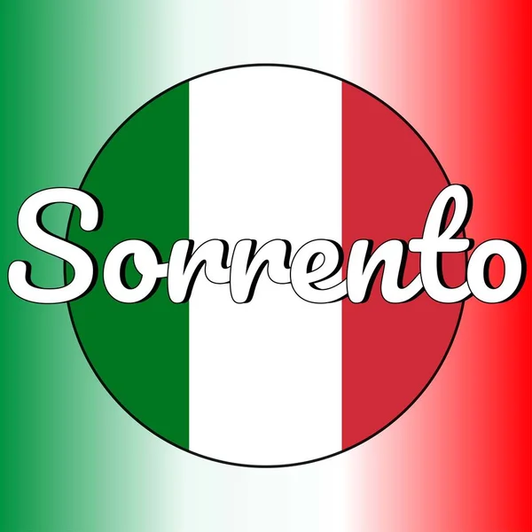 Yuvarlak düğme Kırmızı, beyaz ve yeşil renkler ve şehir adı yazıt ile İtalya ulusal bayrağı Simgesi: Modern tarzda Sorrento. Arka planda İtalyan ulusal renkleri degrade. — Stok Vektör