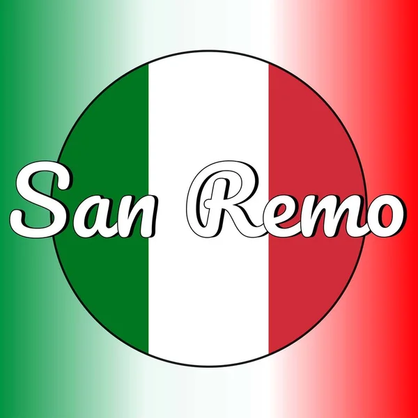 Pulsante rotondo Icona di bandiera nazionale d'Italia con colori rosso, bianco e verde e iscrizione del nome della città: Sanremo in stile moderno. Colori nazionali italiani gradiente sullo sfondo . — Vettoriale Stock