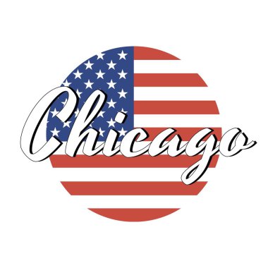 Daire düğmesi Kırmızı ve mavi renkler ve şehir adı yazıt ile Amerika Birleşik Devletleri ulusal bayrağı Simgesi: Chicago modern tarzda. Vektör Eps10 illüstrasyon.