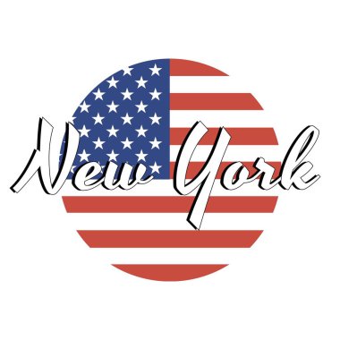 Daire düğmesi Kırmızı ve mavi renkler ve şehir adı yazıt ile Amerika Birleşik Devletleri ulusal bayrağı Simgesi: New York modern tarzda. Vektör Eps10 illüstrasyon.