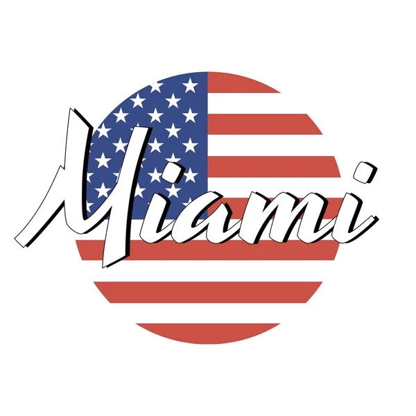 圆形按钮美国国旗图标，红色和蓝色，城市名称的铭文：现代风格的迈阿密。矢量 Eps10 插图. — 图库矢量图片