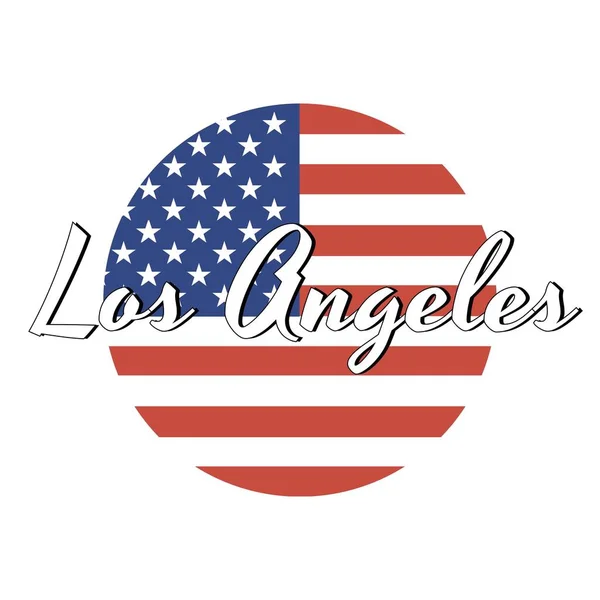 圆形按钮美国国旗图标，红色和蓝色，城市名称的铭文：现代风格的洛杉矶。矢量 Eps10 插图. — 图库矢量图片