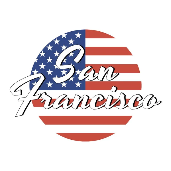 圆形按钮美国国旗图标，红色和蓝色，城市名称的铭文：旧金山的现代风格。矢量 Eps10 插图. — 图库矢量图片