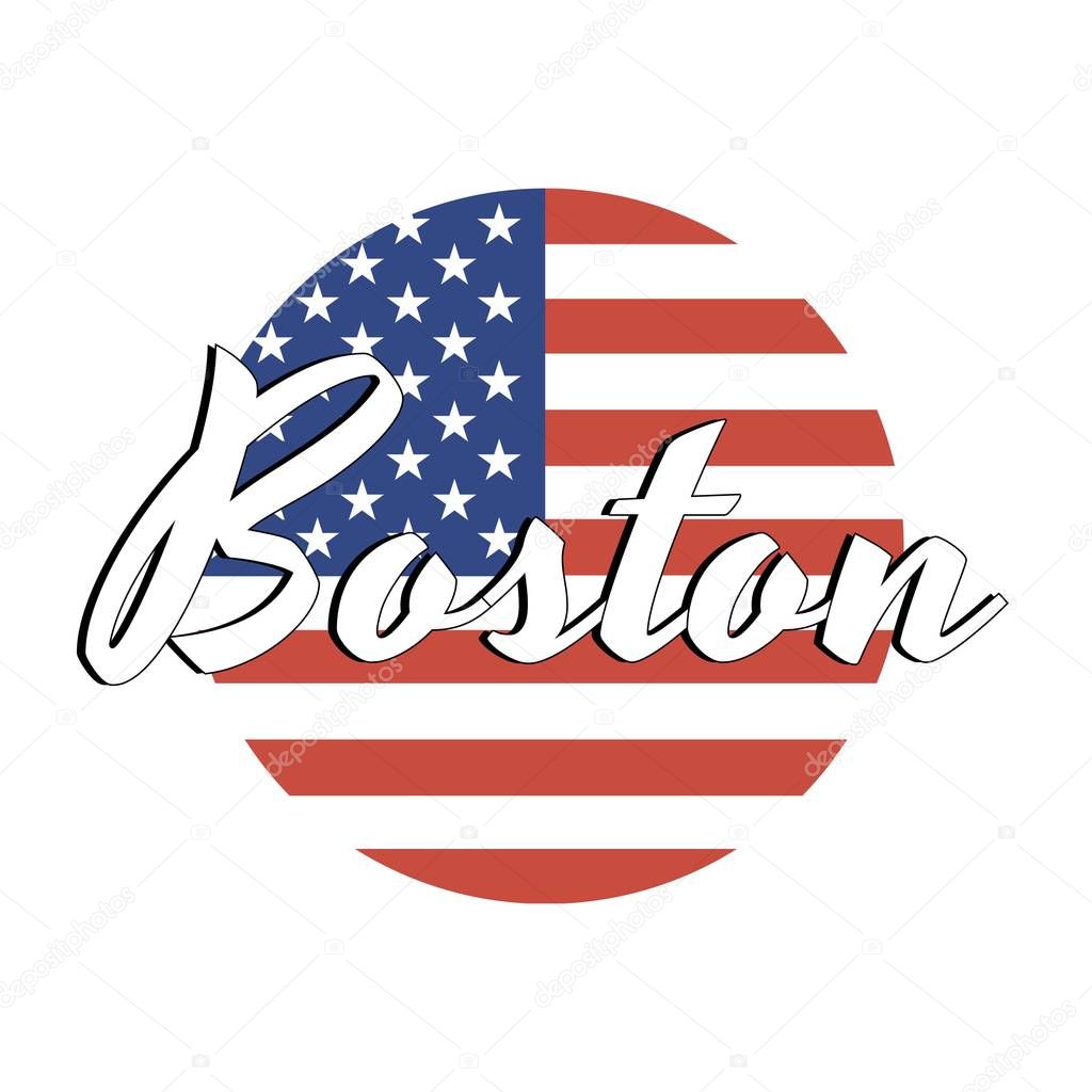 Circle button Icon of national flag of The United States of America with red and blue colors and inscription of city name: Boston in modern style. Vector EPS10 illustration