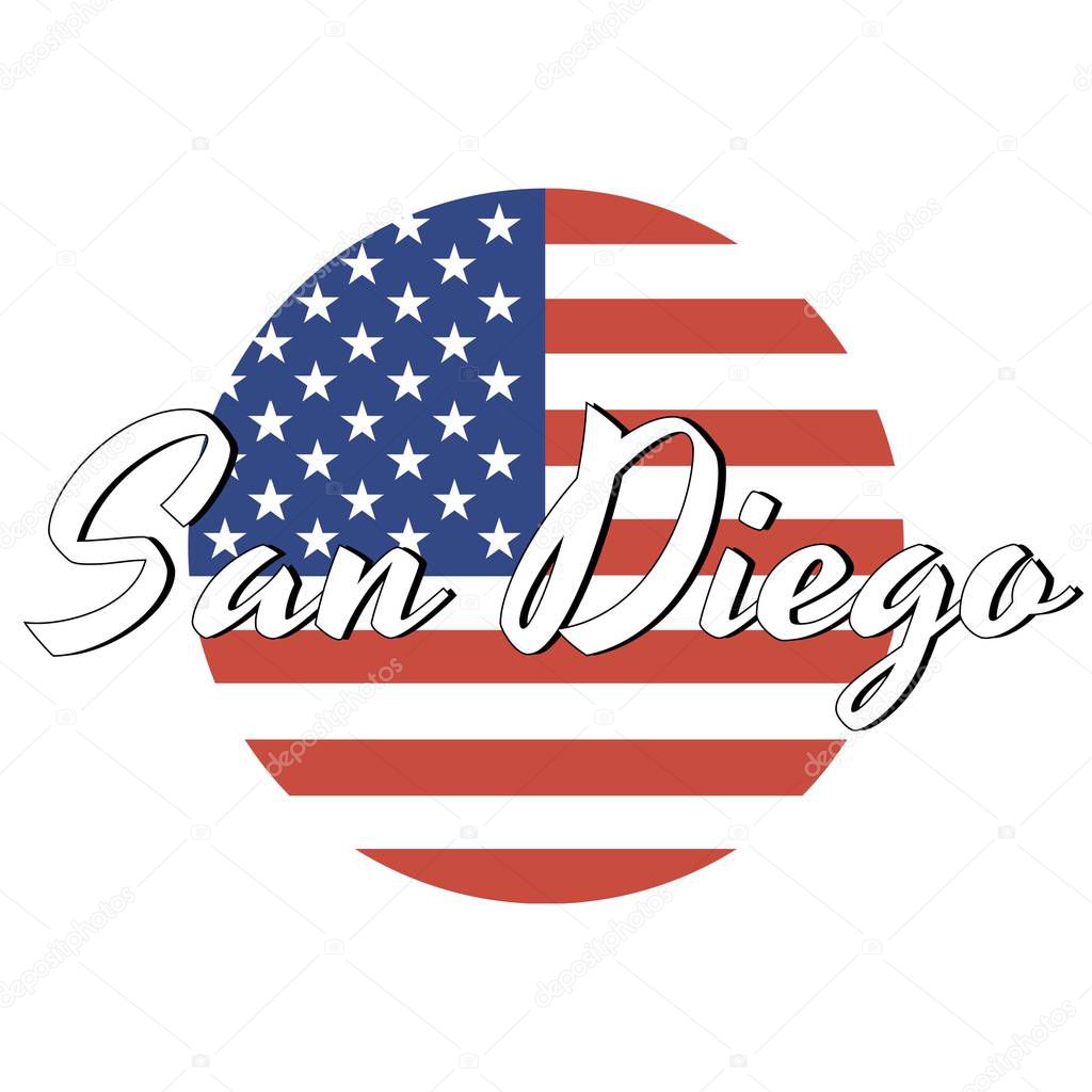 Circle button Icon of national flag of The United States of America with red and blue colors and inscription of city name: San Diego in modern style. Vector EPS10 illustration.