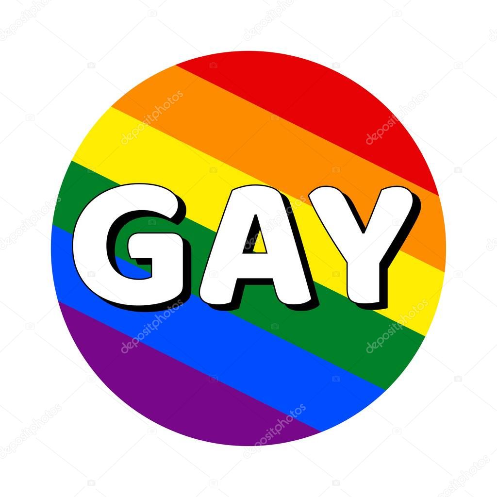 Circle button Icon of rainbow lgbt pride flag with inscription with word gay in modern style. Equality and tolerance concept element. Vector EPS10 illustration