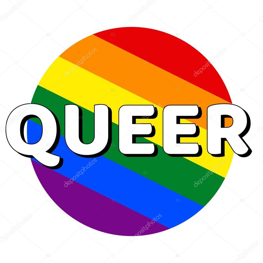Circle button Icon of rainbow lgbt pride flag with inscription with word queer in modern style. Equality and tolerance concept element. Vector EPS10 illustration