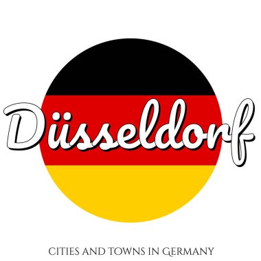 Siyah, kırmızı ve sarı renkler ve şehir adı yazıt ile Almanya ulusal bayrağı ile Circle düğmesi Simge: Modern tarzda Düsseldorf. Vektör Eps10 illüstrasyon.