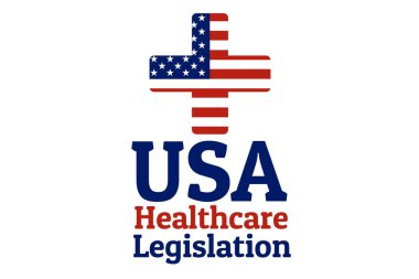 Amerika Birleşik Devletleri Ulusal bayrağı daire ve yazıt USA sağlık mevzuatı tıbbi haç şeklinde. Sağlık ve tıp konseptinin bakımı. Logo, afiş, arka plan için.