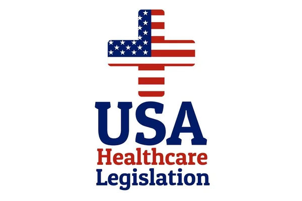 National flag of The United States of America in the shape of a medical cross in circle and Inscription USA healthcare legislation. Care of health and medicine concept. For logo, banner, background. — Stock Vector