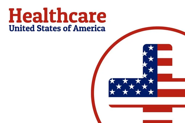 National flag of The United States of America in the shape of a medical cross in circle and Inscription USA healthcare. Care of health and medicine concept. For logo, banner, background. — Stock Vector