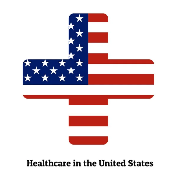 Bandera nacional de los Estados Unidos de América en forma de cruz médica. Atención al concepto de salud y medicina. Para logo, banner, fondo . — Vector de stock