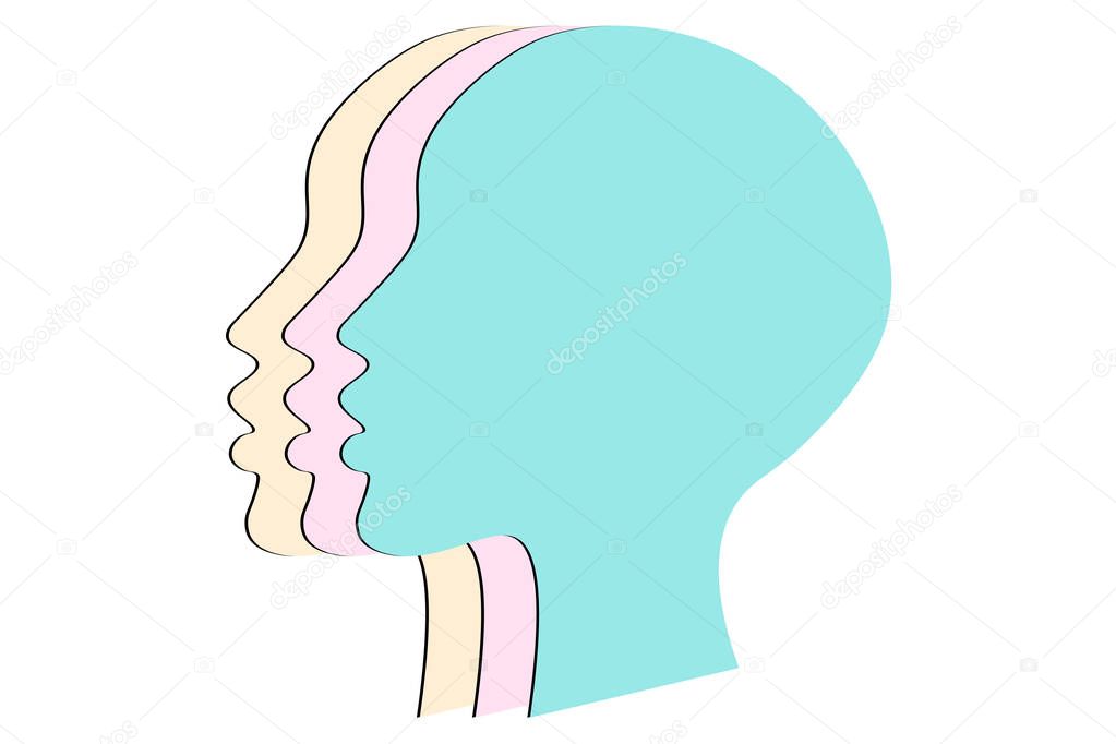 Womens rights concept background. Three silhouettes of female heads with pastel colors. Equality and feminism.