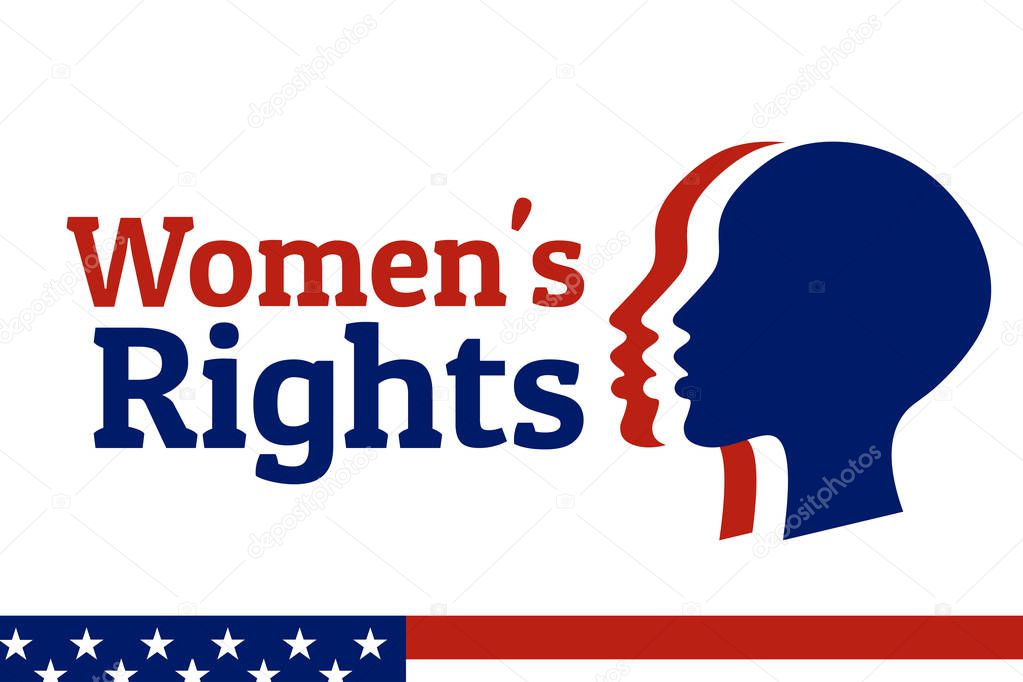 Womens rights concept background and logo. Three silhouettes of female heads with national colors of United States of America flag. Equality and feminism.