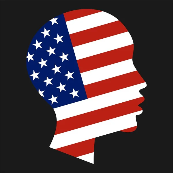 Bandera nacional de los Estados Unidos de América en forma de silueta de cabeza de niño afroamericano. Concepto libertad, patriotismo e igualdad. Ilustración del vector EPS10 . — Vector de stock