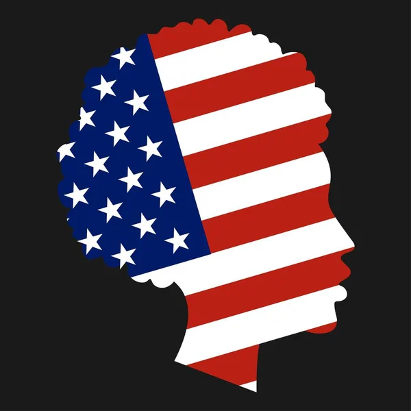 Bandera nacional de los Estados Unidos de América en forma de silueta de cabeza de niña afroamericana. Concepto libertad, patriotismo e igualdad. Ilustración del vector EPS10 . — Vector de stock