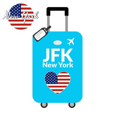 Havaalanı istasyonu kodu Iata veya yer tanımlayıcısı ve hedef şehir adı New York, Jfk. Travel to the United States of America konsepti ile bagaj. Bagajda ABD'nin kalp şeklindeki bayrağı.