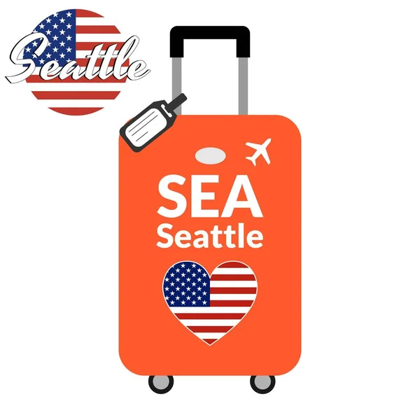 行李与机场站代码 Iata 或位置标识符和目的地城市名称 西雅图， 海.前往美利坚合众国的概念。行李上美国的心形旗帜. — 图库矢量图片