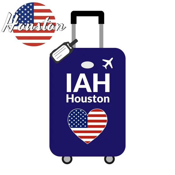 Багаж з кодом станції IATA або ідентифікатор місцезнаходження та назва міста Хюстон, маг. Подорож до Сполучених Штатів Америки концепцію. Прапор США у формі серця на багажі. — стоковий вектор