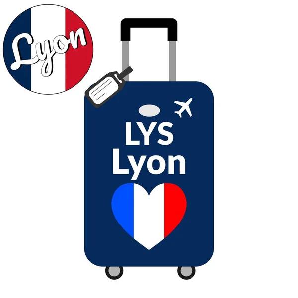 Bagages avec code de gare de l'aéroport IATA ou identifiant de localisation et nom de la ville de destination Lyon, LYS. Voyage en France, concept Europe. Drapeau en forme de coeur de la France sur bagages . — Image vectorielle