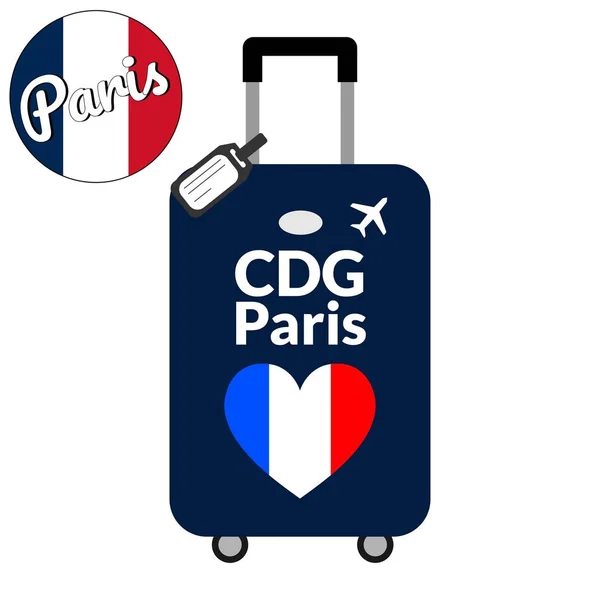 Bagages avec code de gare de l'aéroport IATA ou identifiant de localisation et nom de la ville de destination Paris, CDG. Voyage en France, concept Europe. Drapeau en forme de coeur de la France sur bagages . — Image vectorielle