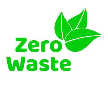 Sıfır atık yazı metin işareti veya yeşil yaprakları ile logo. Atık yönetimi kavramı. Azaltın, yeniden kullanın, geri dönüştürün ve reddedin. Eko yaşam tarzı. Vektör Eps10 tasarım şablonu illüstrasyon. Beyaz üzerine izole.