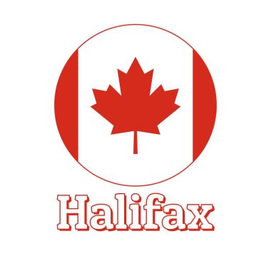 Yuvarlak düğme Beyaz arka plan ve şehir adı Halifax yazı kırmızı akçaağaç yaprağı ile Kanada ulusal bayrağı Simgesi. Logo, afiş, t-shirt baskı için yazıt. Vektör çizimi.