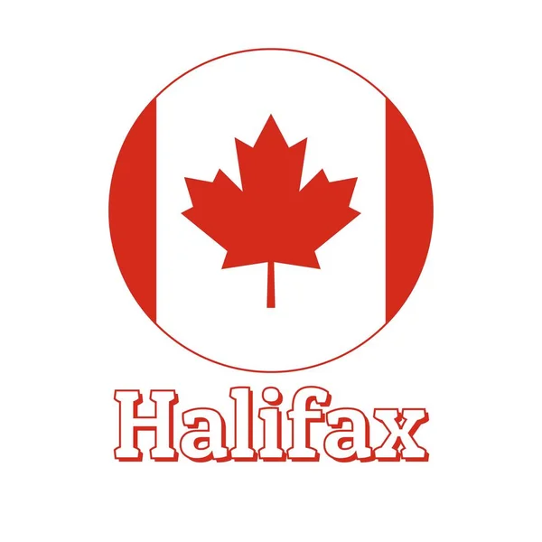 Botón redondo Icono de bandera nacional de Canadá con hoja de arce rojo sobre el fondo blanco y letras del nombre de la ciudad Halifax. Inscripción para logo, banner, estampado de camiseta. Ilustración vectorial . — Vector de stock