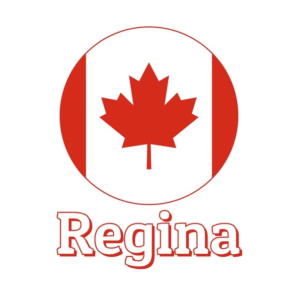 白い背景に赤いカエデの葉と都市名レジーナの文字とカナダの国旗の丸いボタンアイコン。ロゴ、バナー、Tシャツプリントの碑文。ベクトルイラスト. — ストックベクタ