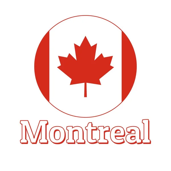 Botón redondo Icono de la bandera nacional de Canadá con hoja de arce rojo sobre el fondo blanco y letras del nombre de la ciudad Montreal. Inscripción para logo, banner, estampado de camiseta. Ilustración vectorial . — Archivo Imágenes Vectoriales