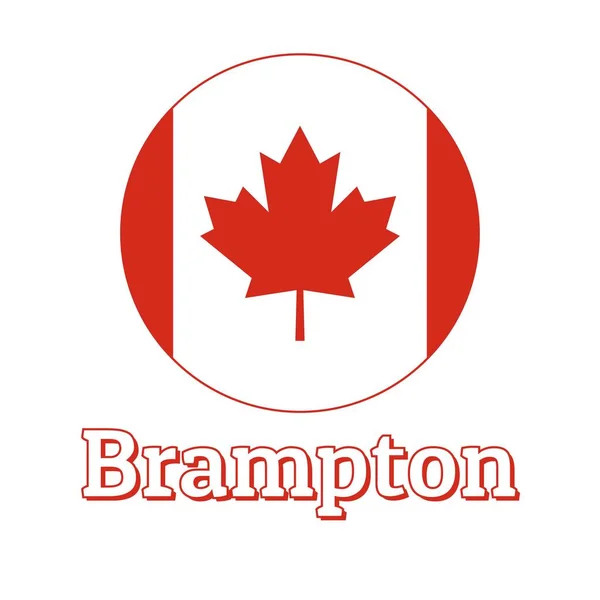 Botón redondo Icono de la bandera nacional de Canadá con hoja de arce rojo sobre el fondo blanco y letras del nombre de la ciudad Brampton. Inscripción para logo, banner, estampado de camiseta. Ilustración vectorial . — Vector de stock