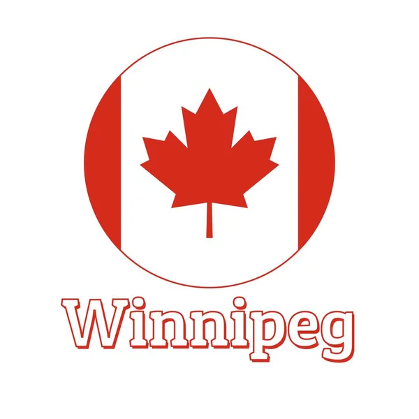 Botón redondo Icono de la bandera nacional de Canadá con hoja de arce rojo sobre el fondo blanco y letras del nombre de la ciudad Winnipeg. Inscripción para logo, banner, estampado de camiseta. Ilustración vectorial . — Vector de stock