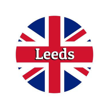 Yuvarlak düğme Büyük Britanya Birleşik Krallığı ulusal bayrağı simgesi. Union Jack şehir adı Leeds harfleri ile beyaz arka plan üzerinde. Logo, afiş, t-shirt baskı için yazıt.