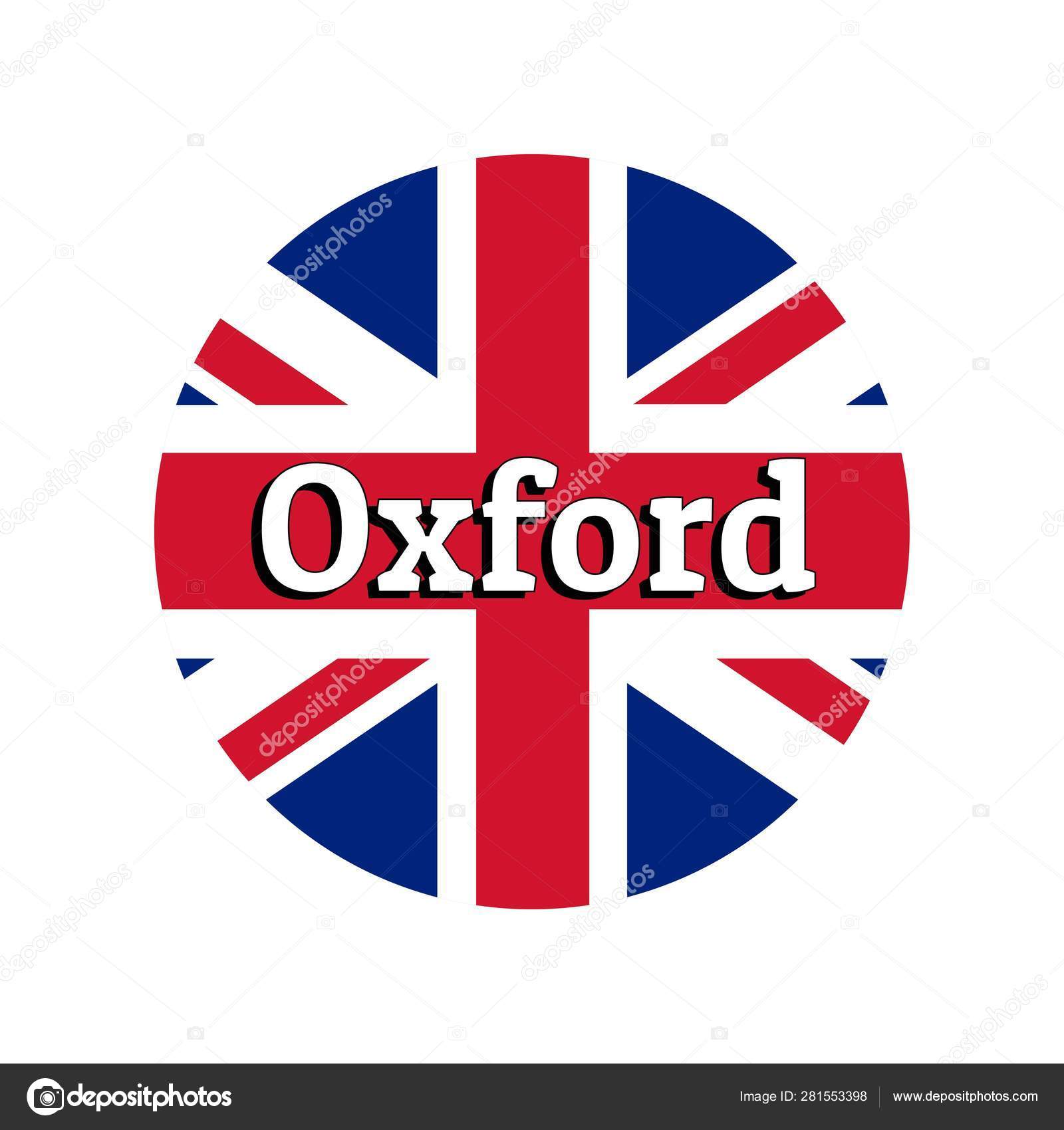 大不列颠及北爱尔兰联合王国国旗的圆形按钮图标。联合杰克在白色背景与城市名称牛津的字母。标志、横幅、T 恤打印的铭文. 图库矢量图©Bulgn  281553398